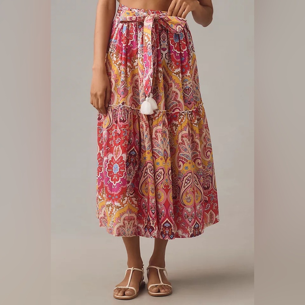 Anthropologie Mille Françoise Zanzibar Midi Skirt | Bright Floral Boho Skirt